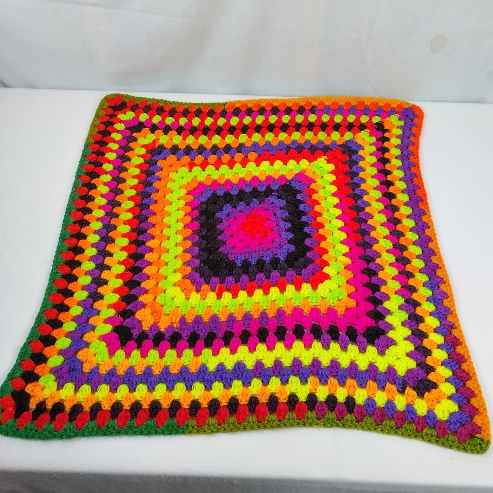 Colorful Afghan Crochet Lap Blanket Handmade 25” Square Funkadelic Granny - Picture 2 of 10
